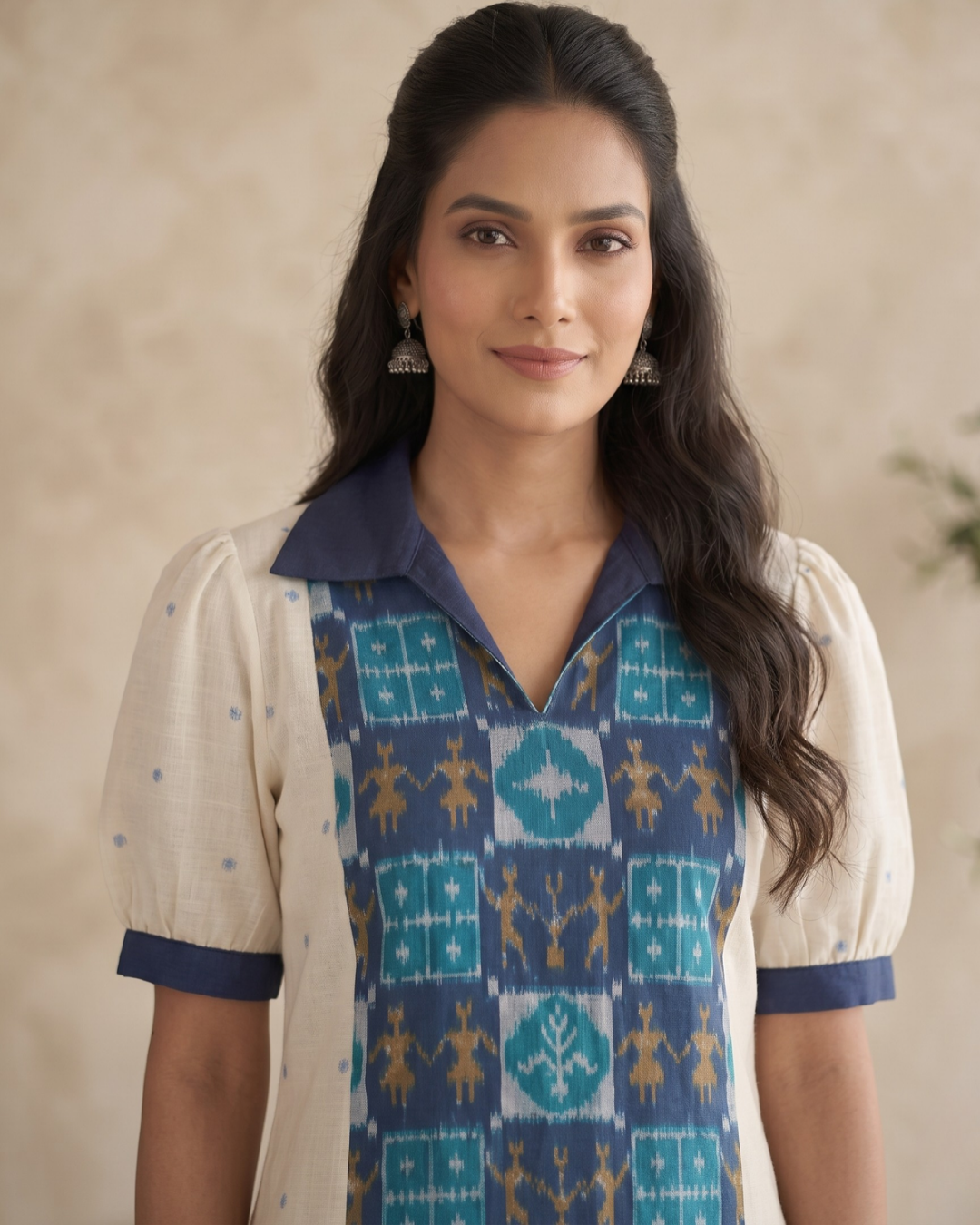 Aarohi Ivory & Blue Sambalpuri Handloom Cotton Kurti