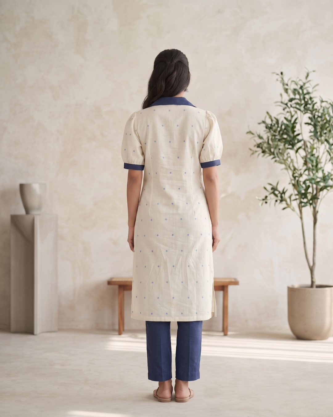 Aarohi Ivory & Blue Sambalpuri Handloom Cotton Kurti