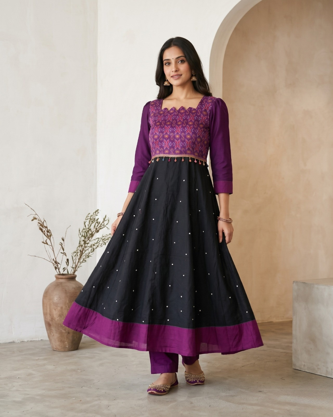 Ishani Purple and Black Handloom Cotton Anarkali Dress