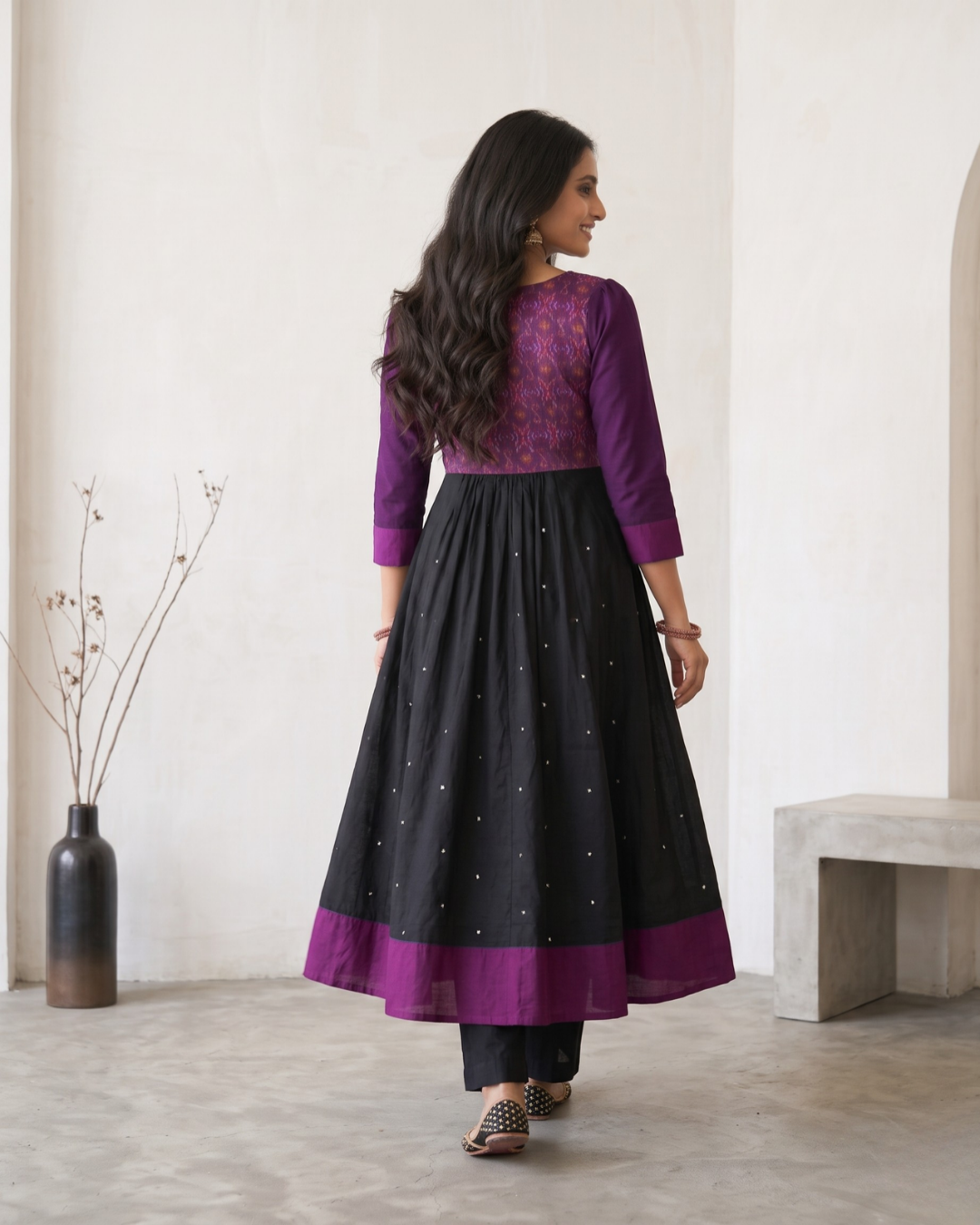 Ishani Purple and Black Handloom Cotton Anarkali Dress