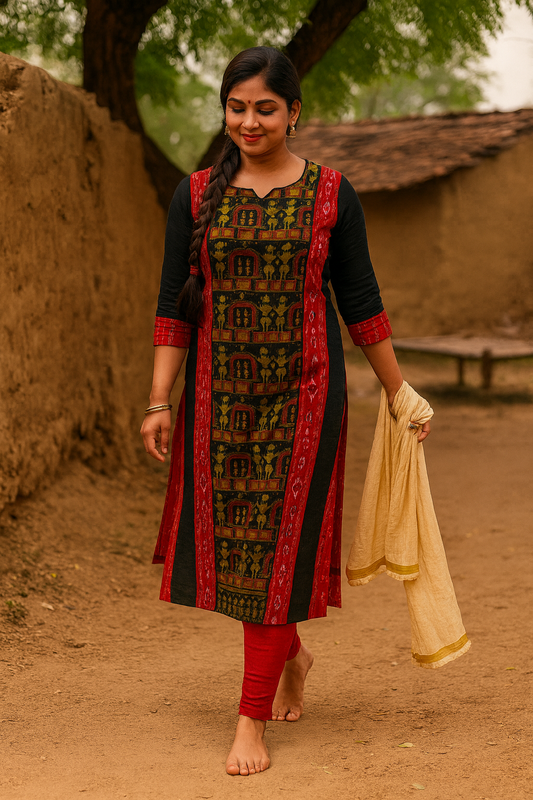 Sambalpuri Black & Red Cotton Kurti with Temple Motifs | Handloom Ethnic Wear for Women