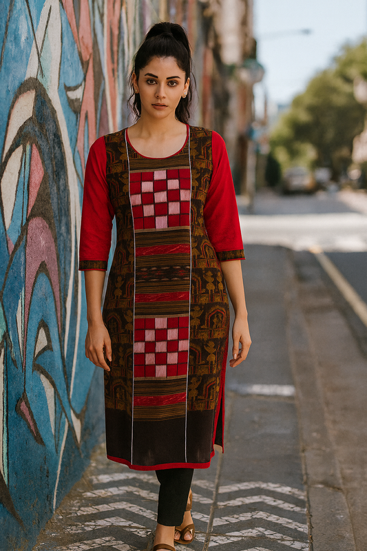 Sambalpuri Handloom Red Ikat Cotton Kurti Ethnic Wear for Women