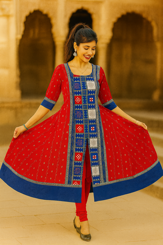 Red Flared Ikat Cotton Kurti with Blue Border | Handloom Festive Dress for Women