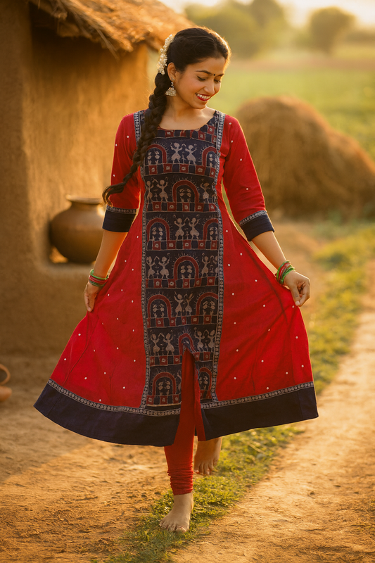 Sambalpuri Handloom Red Cotton Kurti with Temple Motifs | Festive Ikat Ethnic Wear