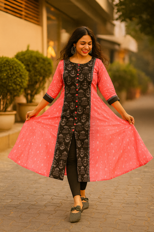 Sambalpuri Handloom Pink Cotton Kurti with Black Ikat Panel | Festive & Office Wear