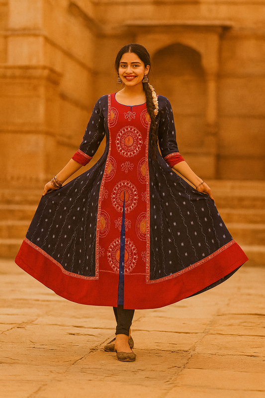 Sambalpuri Navy & Red Ikat Cotton Flared Kurti | Handloom Festive Dress for Women
