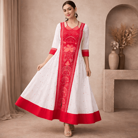 Shubhra White & Red Royal Panelled Sambalpuri Gown - PINDHAN