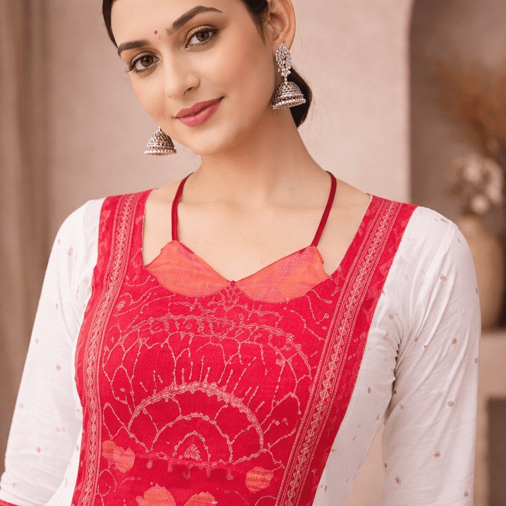 Shubhra White & Red Royal Panelled Sambalpuri Gown - PINDHAN
