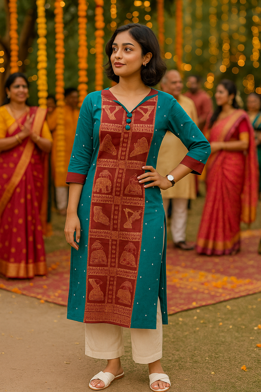 Sambalpuri Handwoven Teal and Maroon Kurti Set