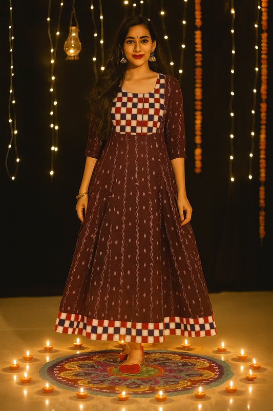 Deepanjali Sambalpuri Handloom Cotton Flared Kurti for Women – Maroon Festive Wear with Ikat & Checkerboard Pattern