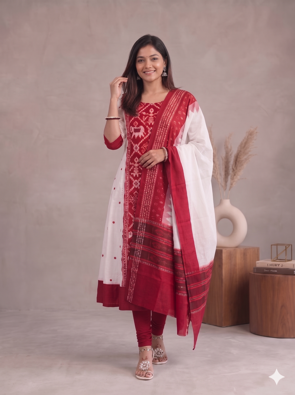 Dipti Red and White Handloom Cotton Anarkali Dress