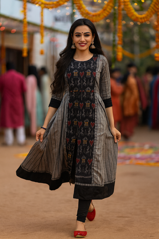 Gharana – Sambalpuri Handloom Cotton Kurti with Ikat Motifs and Grey Pinstripes