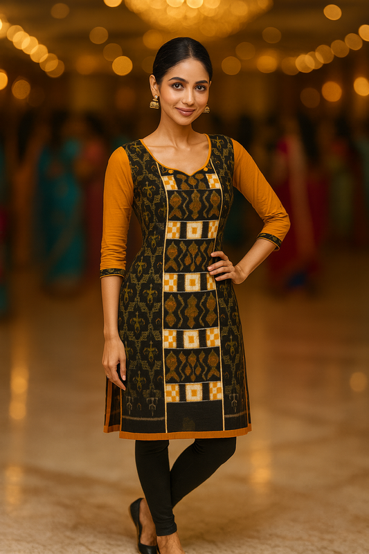 Handloom Ethnic cotton Kurti in Mustard & Black