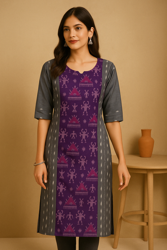 Sambalpuri Handwoven Purple and Grey Kurti Set