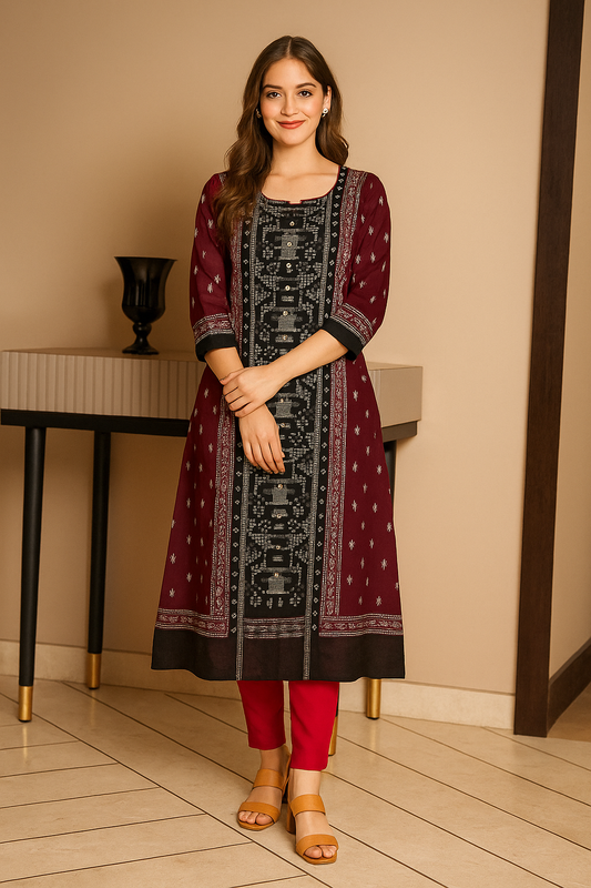 Handwoven Sambalpuri Maroon and Black Kurti Set