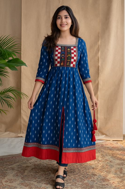 Handwoven Sambalpuri Kurti In Royal Blue and Red