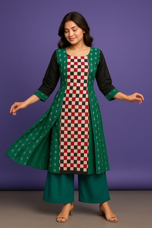Handloom Sambalpuri Ikat Panel Women's 2 PC Long Kurta Set - Green