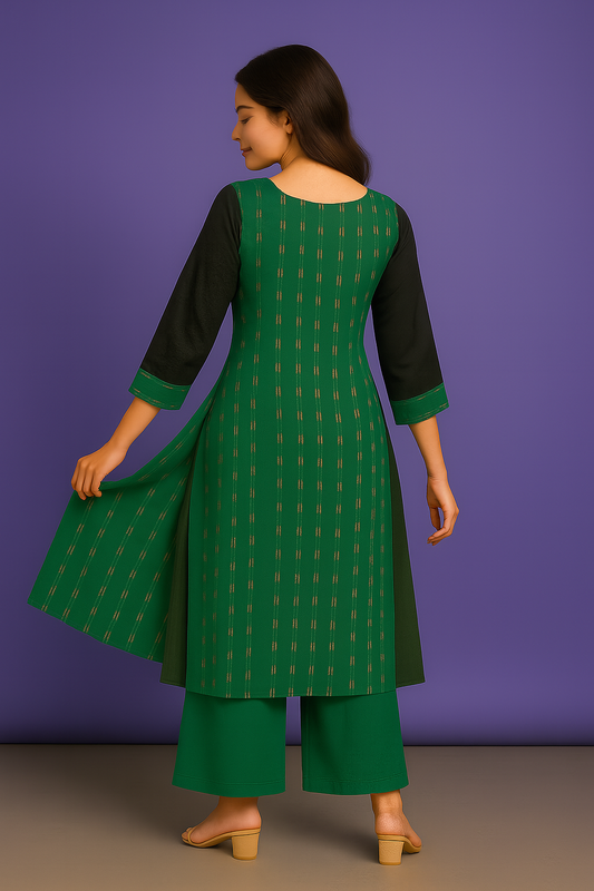 Handloom Sambalpuri Ikat Panel Women's 2 PC Long Kurta Set - Green
