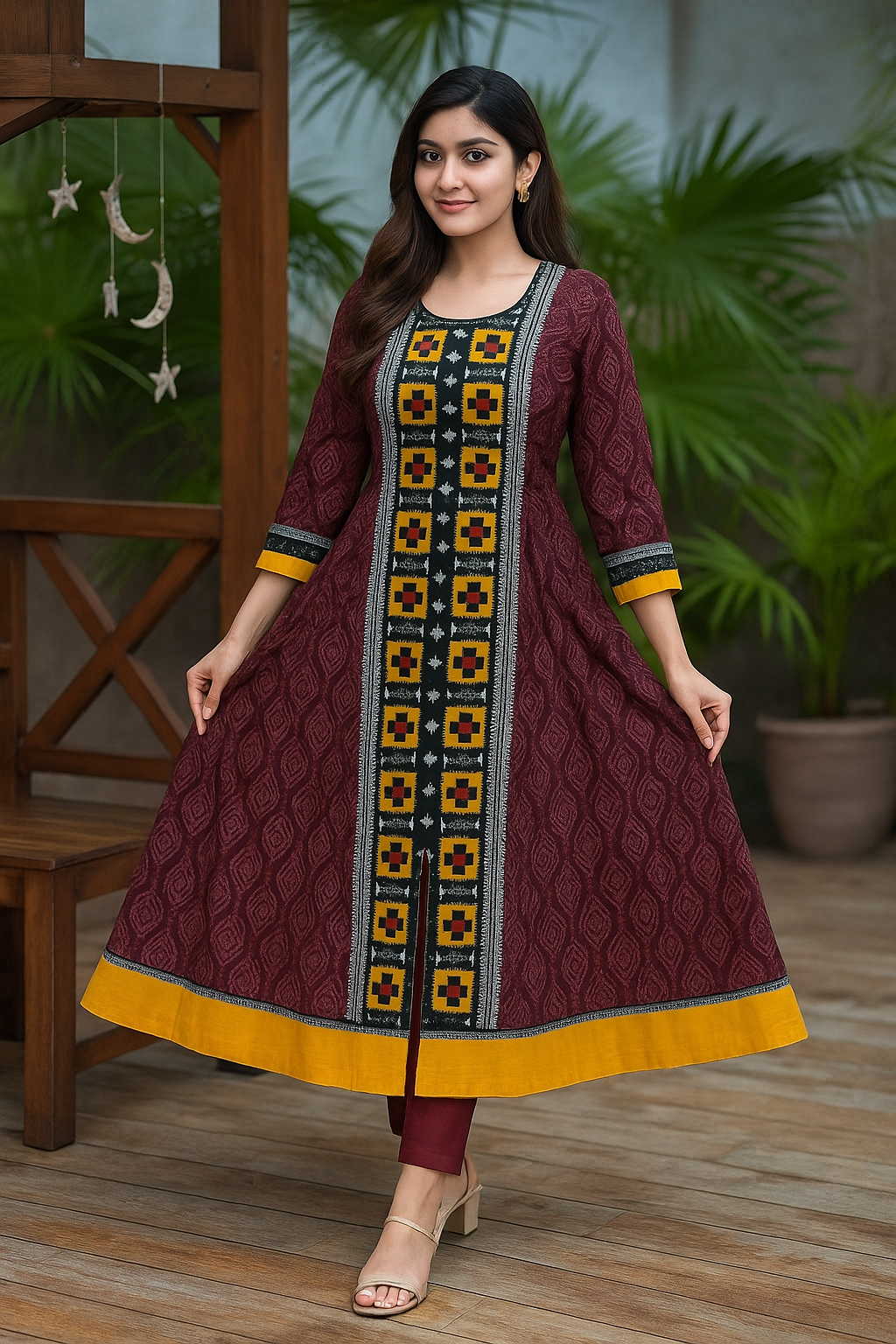 Maroon and Mustard Fusion Anarkali Dress Set