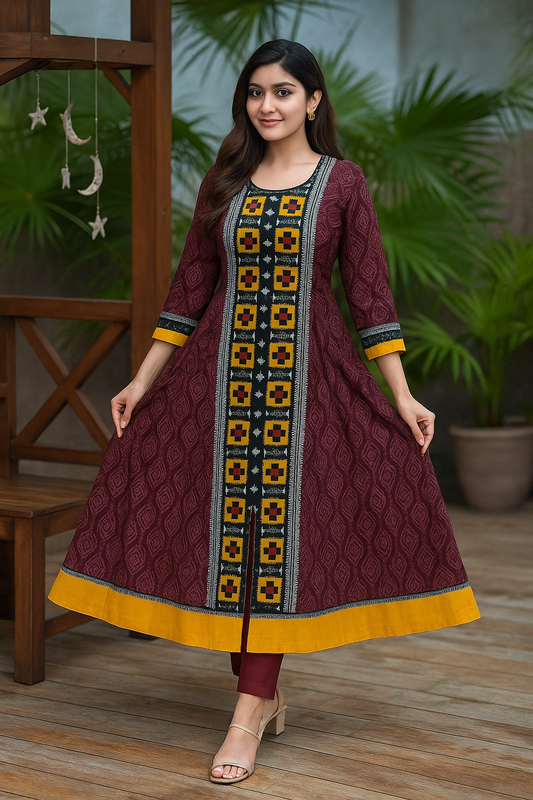 Maroon and Mustard Fusion Anarkali Dress Set