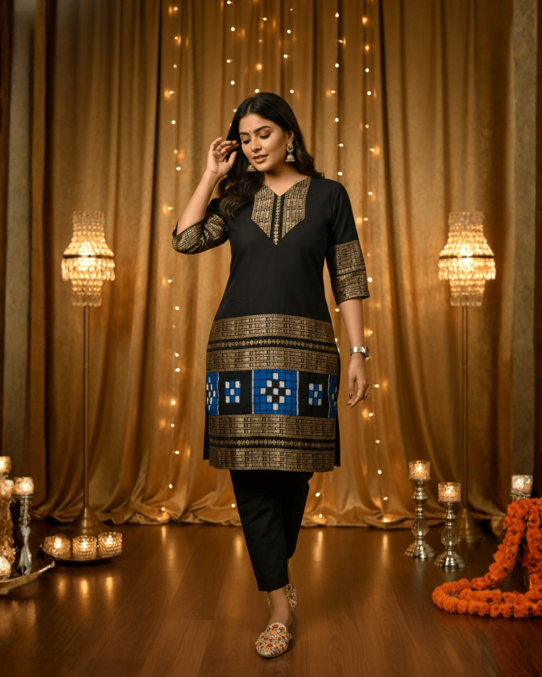 Rajani Handwoven Black & Blue Sambalpuri Kurti Set - PINDHAN