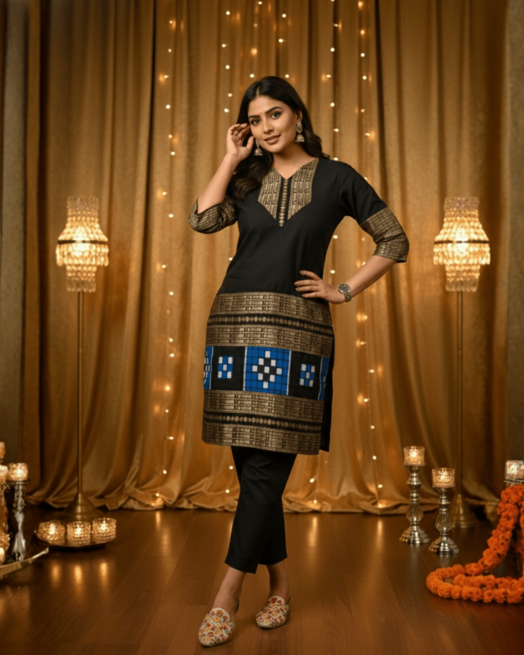 Rajani Handwoven Black & Blue Sambalpuri Kurti Set - PINDHAN