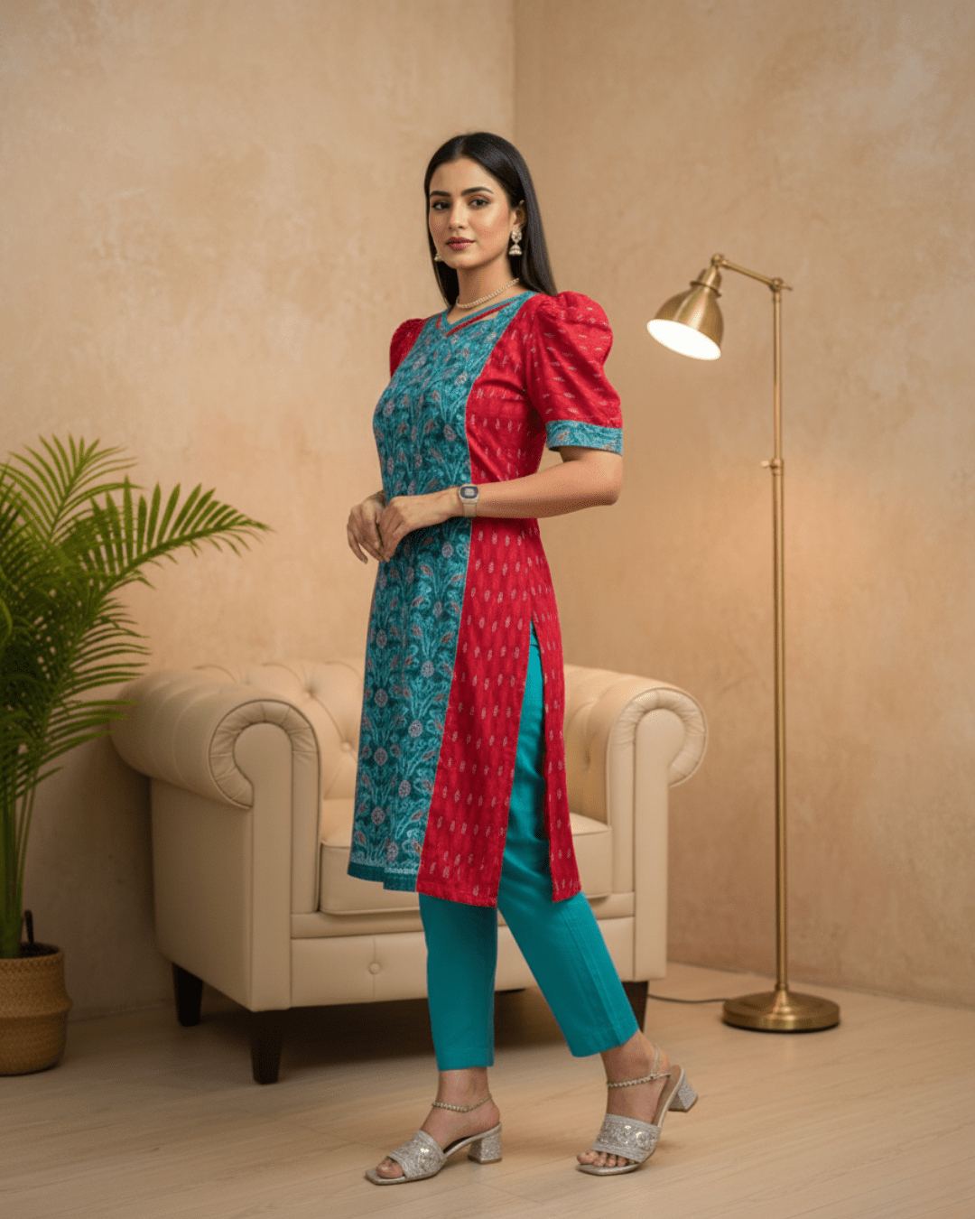 Mrinalini Handwoven Teal & Red Sambalpuri Cotton Kurti Set - PINDHAN