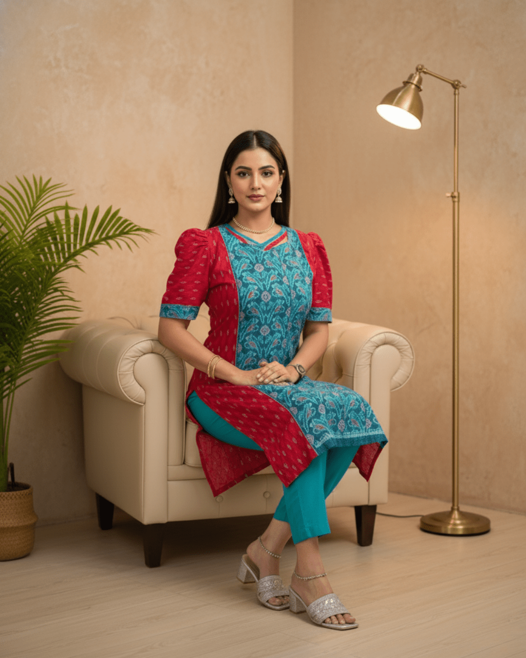 Mrinalini Handwoven Teal & Red Sambalpuri Cotton Kurti Set - PINDHAN