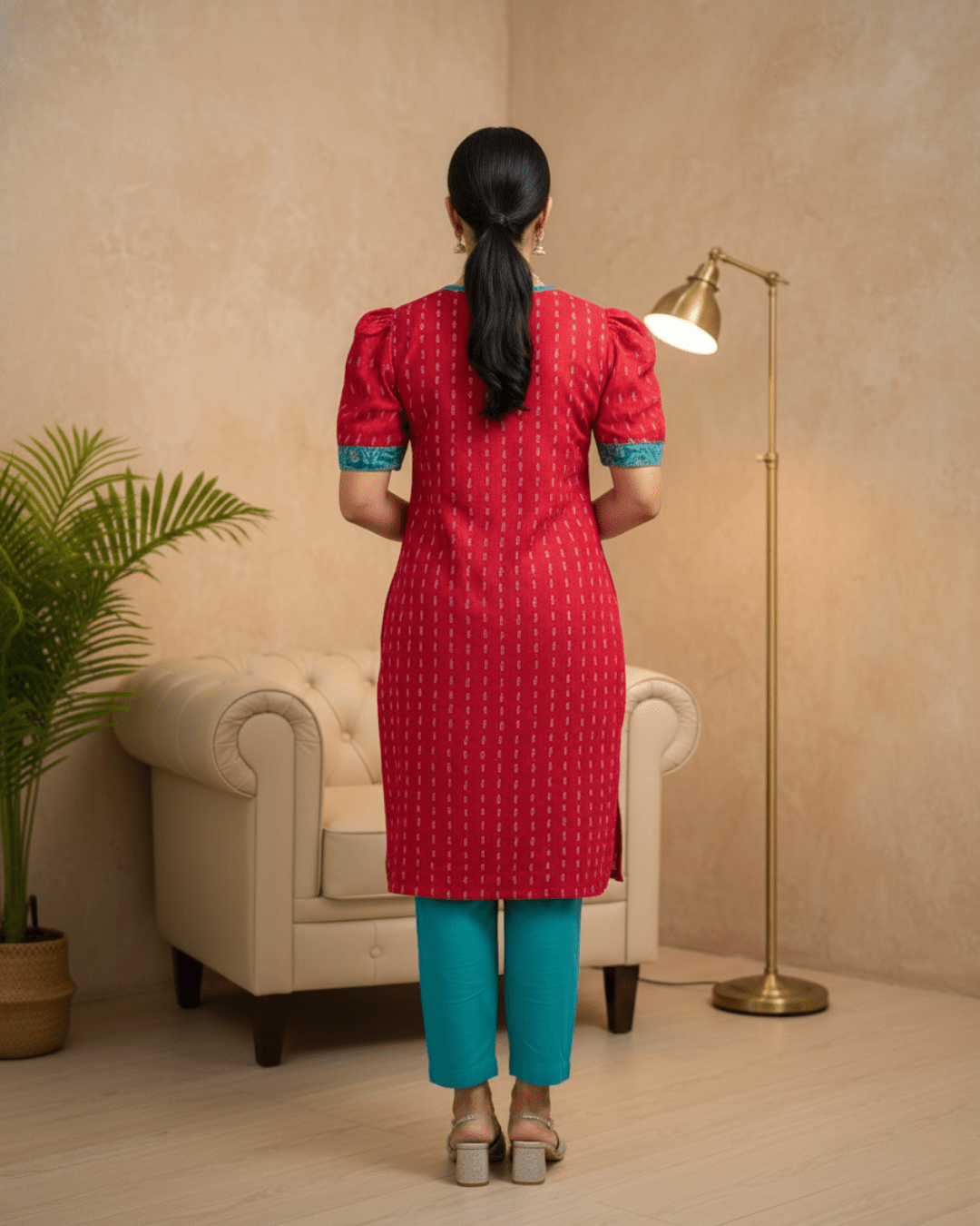 Mrinalini Handwoven Teal & Red Sambalpuri Cotton Kurti Set - PINDHAN