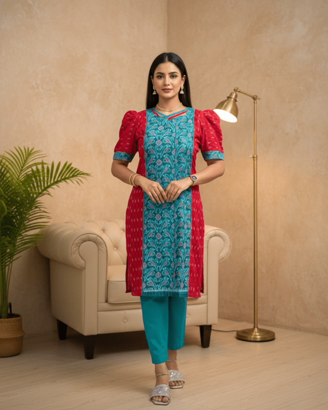 Mrinalini Handwoven Teal & Red Sambalpuri Cotton Kurti Set - PINDHAN