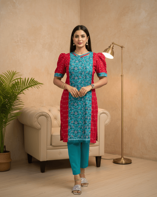 Mrinalini Handwoven Teal & Red Sambalpuri Cotton Kurti Set - PINDHAN