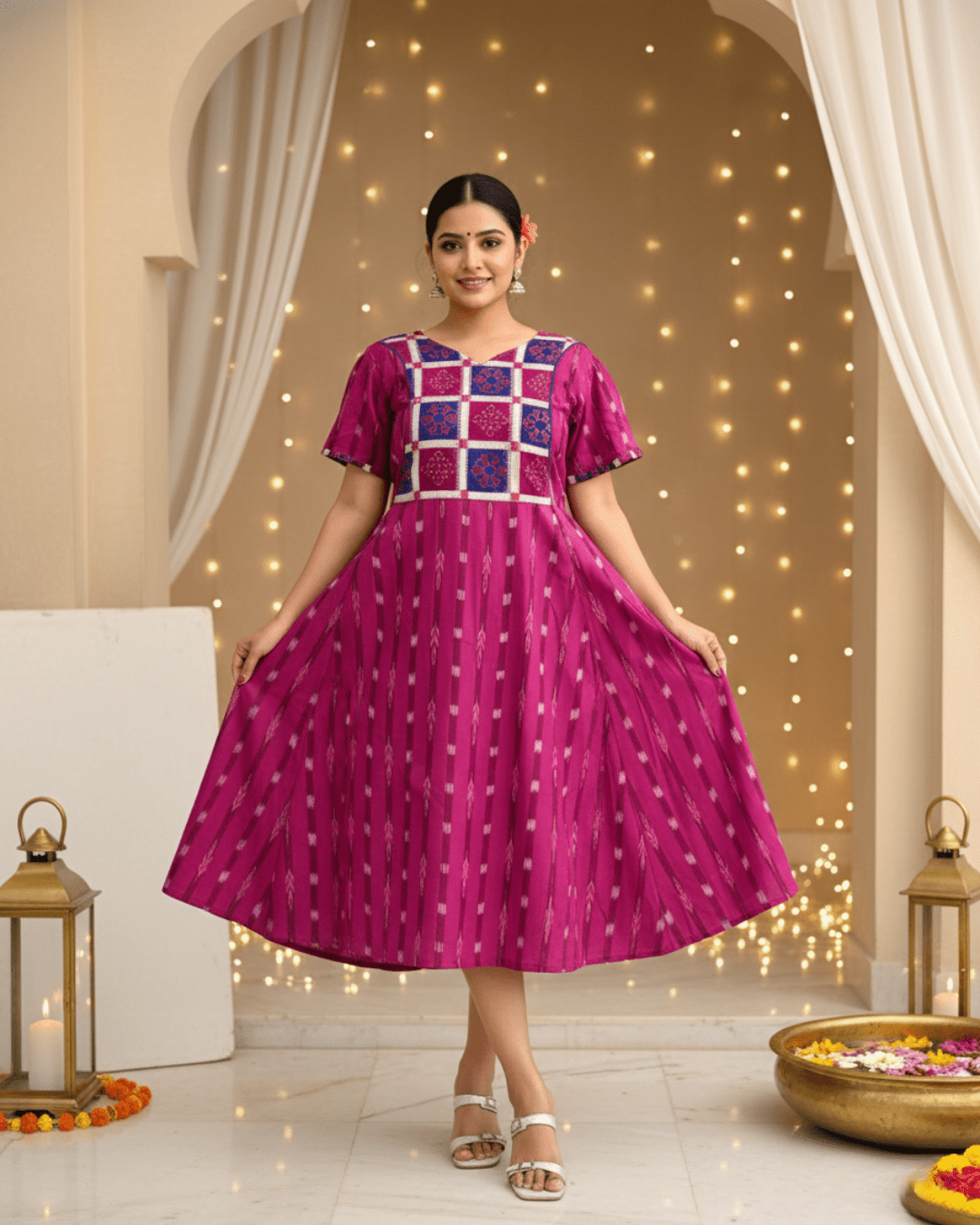 Varnika Handwoven Magenta Sambalpuri Cotton Midi Dress - PINDHAN