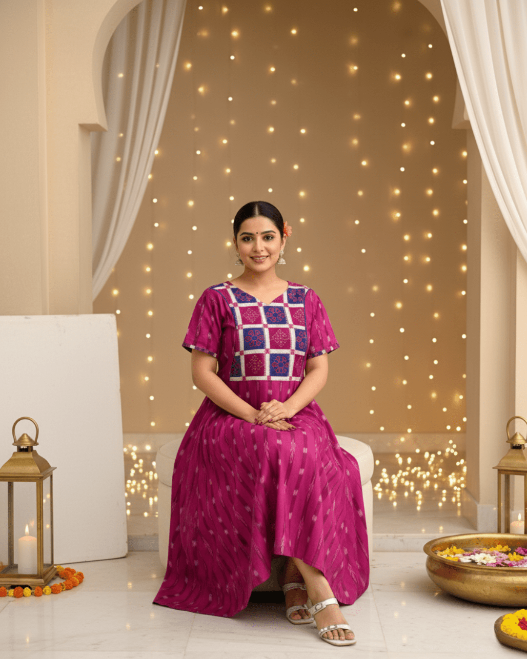 Varnika Handwoven Magenta Sambalpuri Cotton Midi Dress - PINDHAN