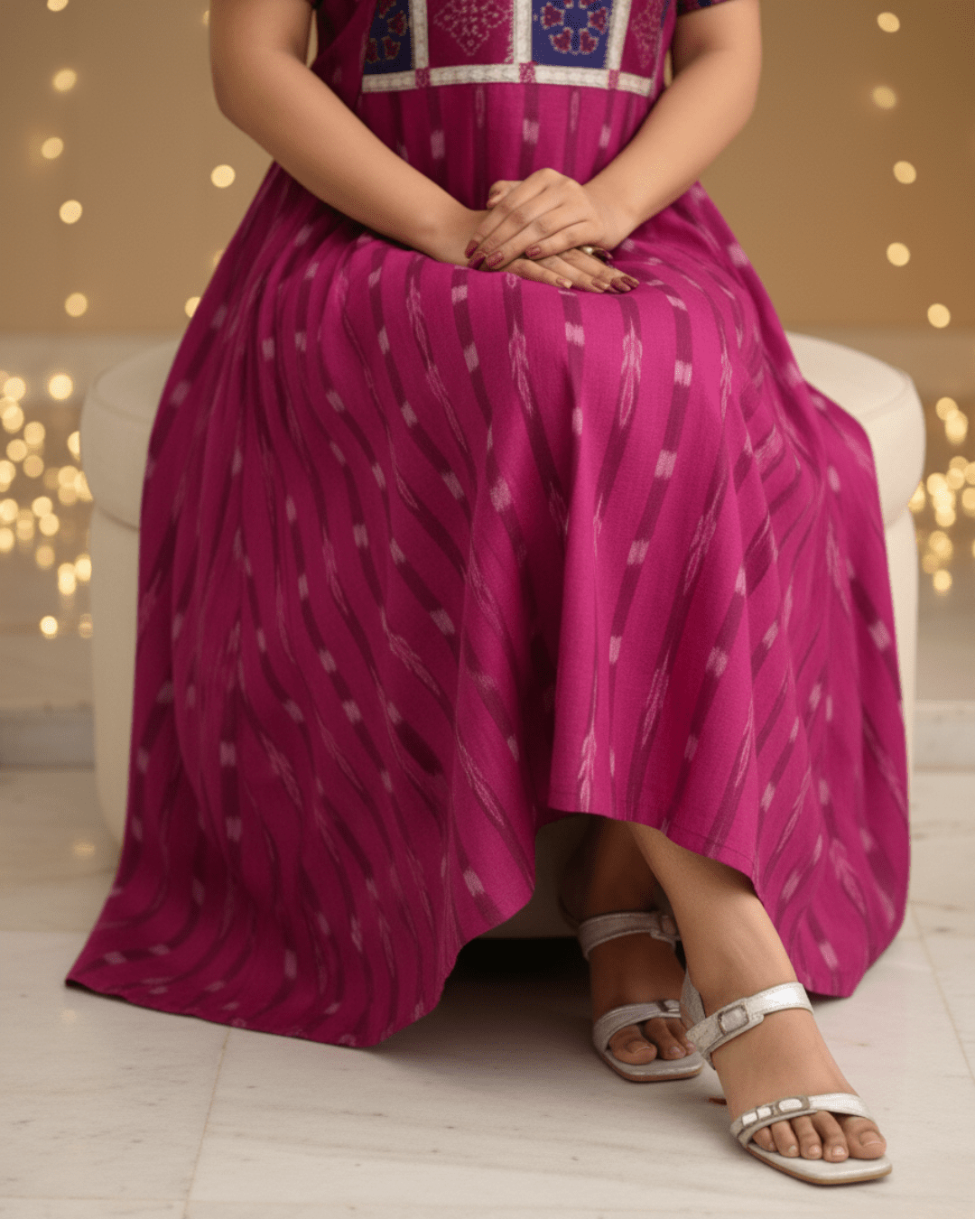 Varnika Handwoven Magenta Sambalpuri Cotton Midi Dress - PINDHAN