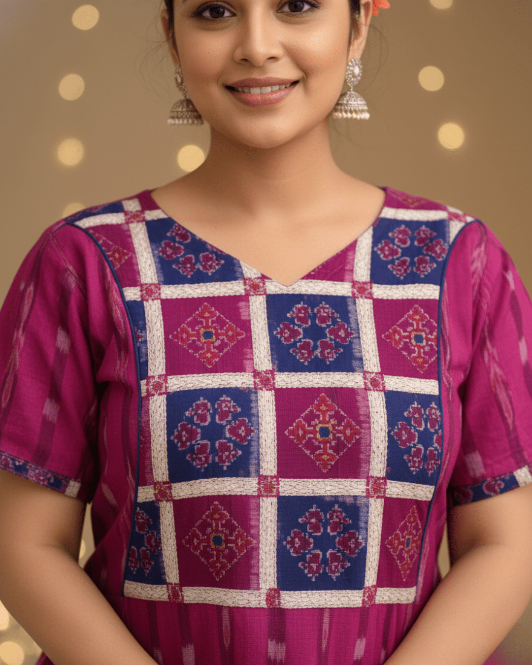 Varnika Handwoven Magenta Sambalpuri Cotton Midi Dress - PINDHAN