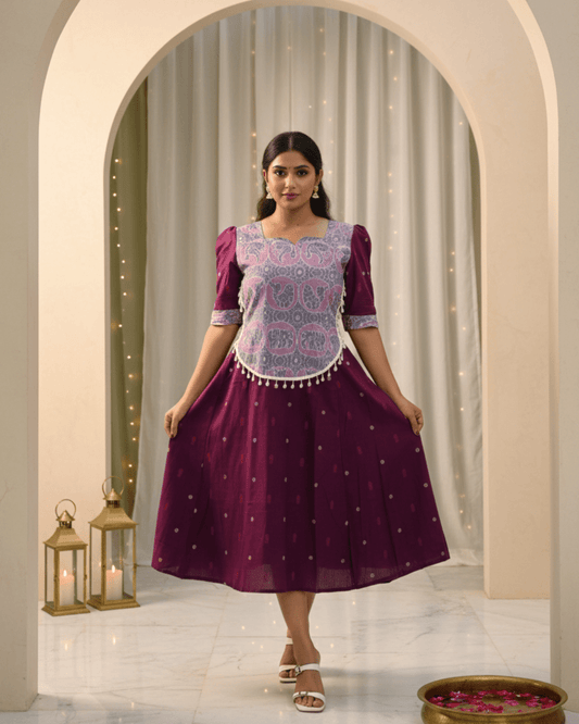 Devika Handwoven Purple Sambalpuri Elephant Motif Midi Dress - PINDHAN