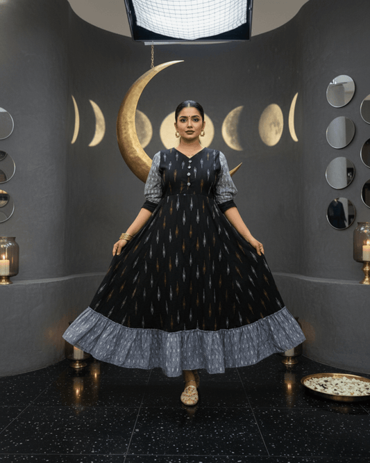 Nishika Handwoven Black Ikat Cotton Gown with Contrast Ruffle Hem - PINDHAN