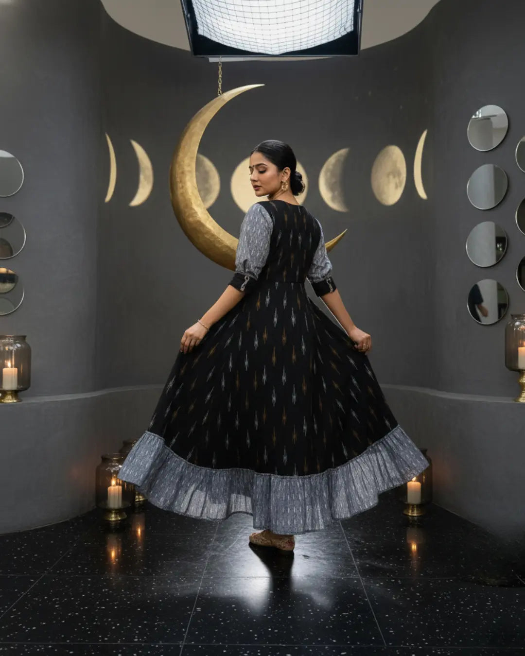 Nishika Handwoven Black Ikat Cotton Gown with Contrast Ruffle Hem