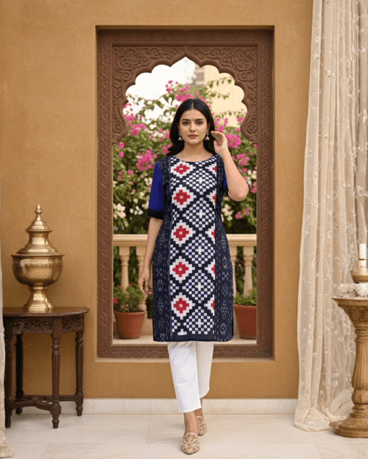 Meera Handwoven Navy Blue Sambalpuri Cotton Kurti with Geometric Ikat Weave - PINDHAN