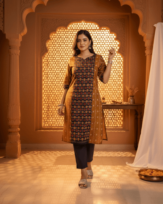Charvi Handwoven Mustard & Black Sambalpuri Cotton Kurti Set - PINDHAN