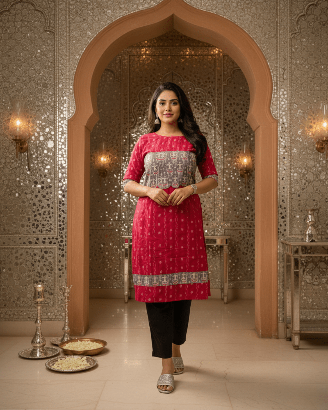 Ruhani Handwoven Red & Grey Sambalpuri Cotton Kurti Set - PINDHAN