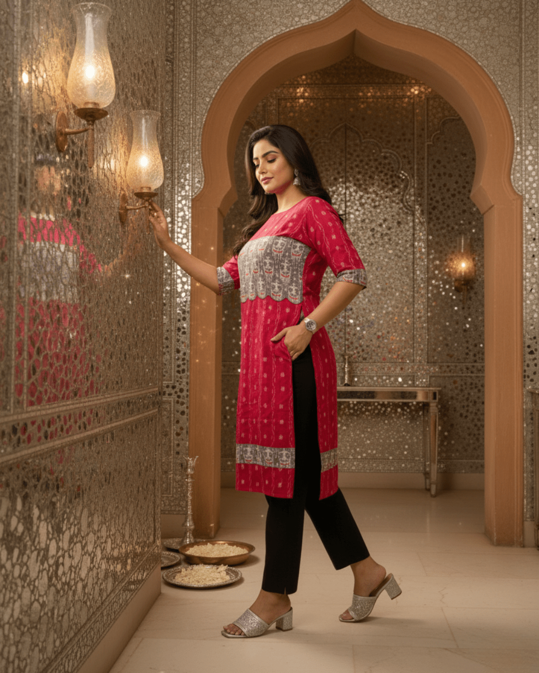 Ruhani Handwoven Red & Grey Sambalpuri Cotton Kurti Set - PINDHAN