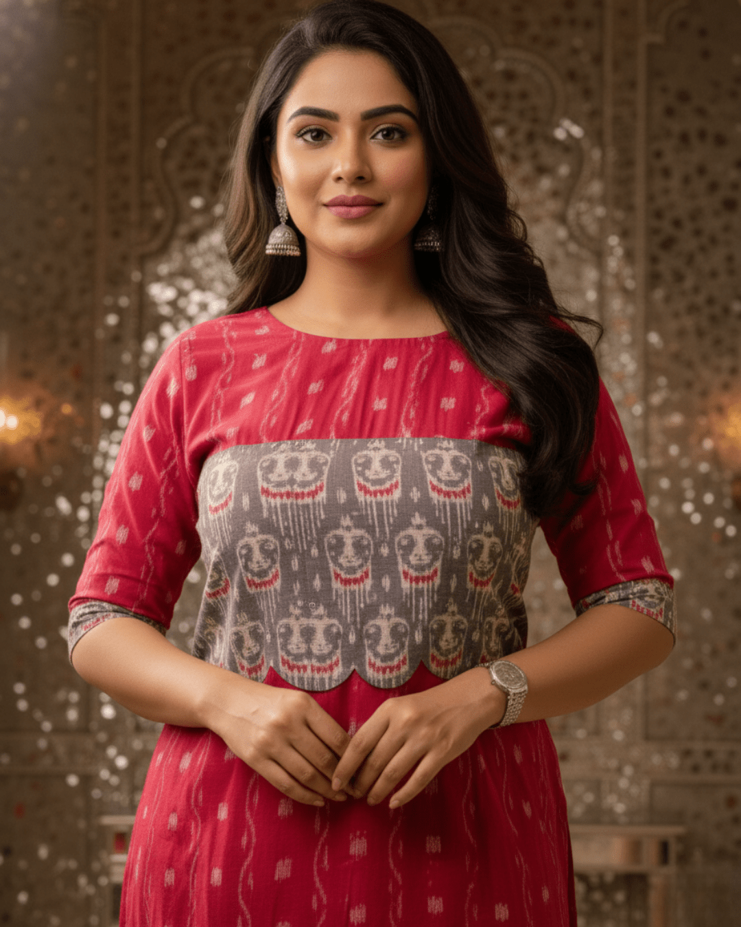 Ruhani Handwoven Red & Grey Sambalpuri Cotton Kurti Set - PINDHAN