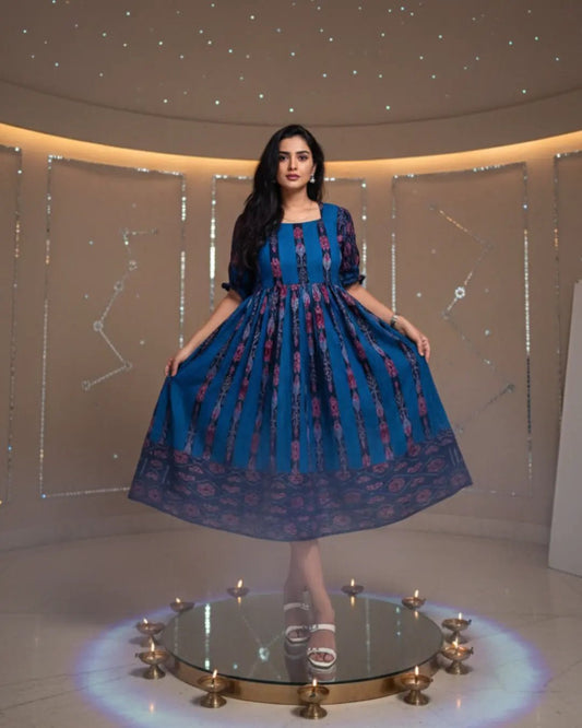 Nayantara, Midnight Blue Sambalpuri Handwoven Cotton Midi Dress - PINDHAN