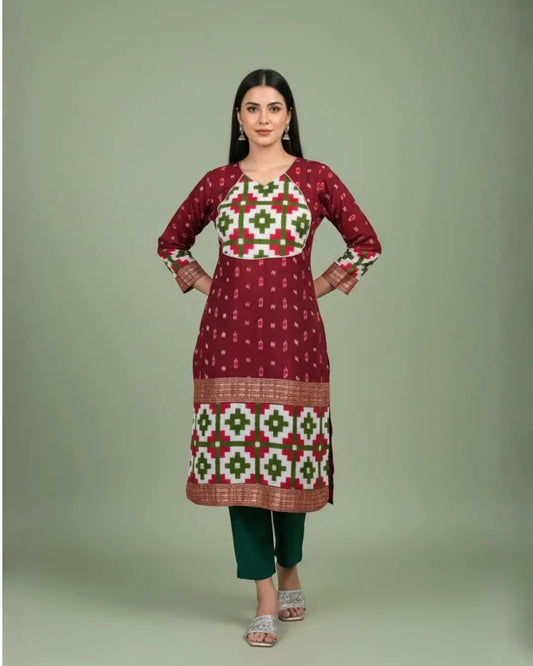 Mehira, Maroon & Green Sambalpuri Handloom Cotton Kurti Set - PINDHAN