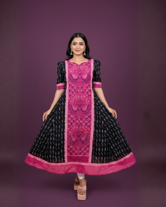 Varnika, Black & Magenta Sambalpuri Handwoven Cotton Gown
