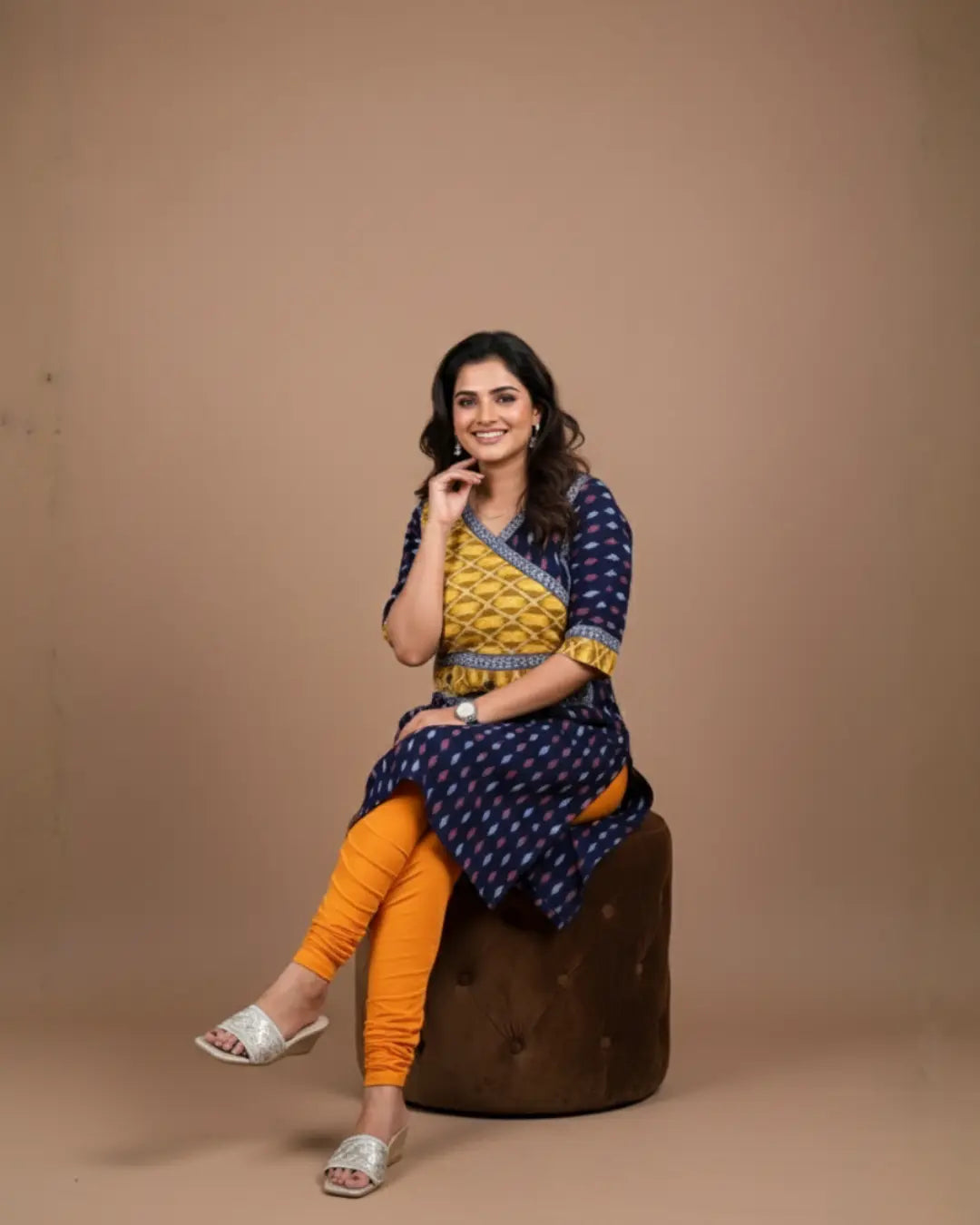 Rishika, Navy Blue & Mustard Sambalpuri Handwoven Short Kurti