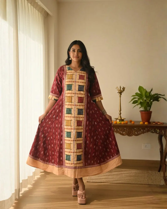 Aarini, Maroon & Beige Sambalpuri Handwoven Cotton Gown