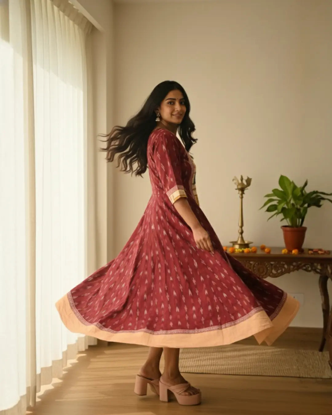 Aarini, Maroon & Beige Sambalpuri Handwoven Cotton Gown