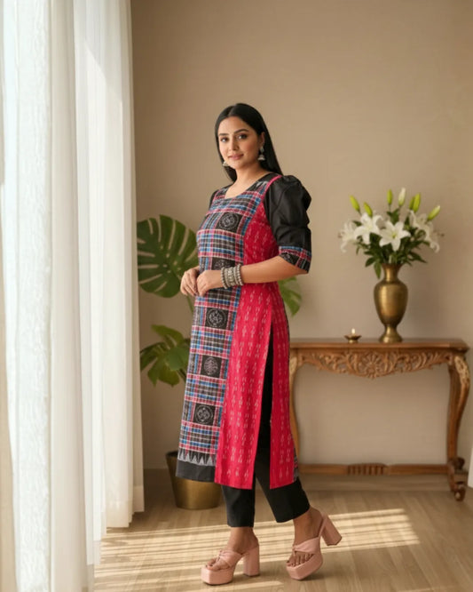 Devina, Black & Red Sambalpuri Handwoven Cotton Kurti